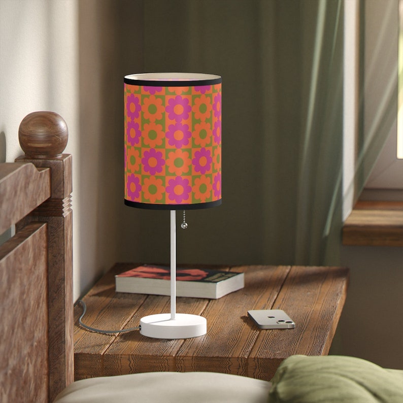 Retro hippie print table lamp 60s groovy flower print pink orange & green nightstand lamp or desk lamp funky hippie flower print lamp gift image 3