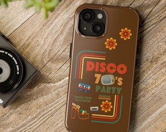May include: A brown phone case with a retro 70s disco party design. The case features a cassette tape, a television, a pair of platform shoes, and a flower design. The text on the case reads "Disco 70's Party" and "Bring Your Platforms".