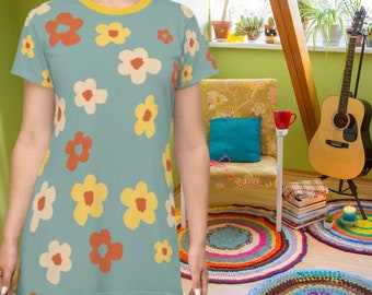 Retro 60s Flower Mini Dress: Hippie Mod T-Shirt Dress