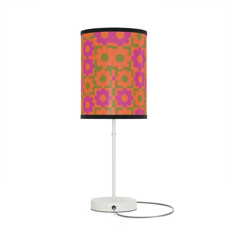 Retro hippie print table lamp 60s groovy flower print pink orange & green nightstand lamp or desk lamp funky hippie flower print lamp gift image 5