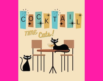 Mid-Century Modern Cat Cocktail Art Print: Retro Home Bar Decor