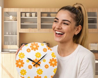 Wall Clock Retro Floral Print Acrylic Kitchen Clock: Groovy Flower Decor
