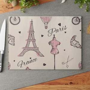 Bundle set- Parisian Chic Glass Cutting Board, Apron, Tablecloth Kitchen Decor Gift for Foodies Paris Themed Culinary Housewarming Present