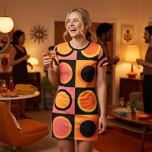 May include: A woman wearing a retro-style mini dress with a geometric pattern of orange, pink, and black circles and squares. The dress has short sleeves and a round neckline. The woman is holding a cocktail glass and smiling.