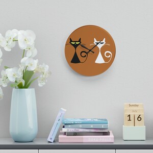 Retro Atomic Cat Themed Wall Clock Round Acrylic Kitchen Clock With Cat ...