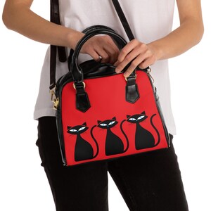 Retro Purse Red Atomic Black Cats Shoulder Handbag Mid Century Modern Mod Cat Pattern immagine 2