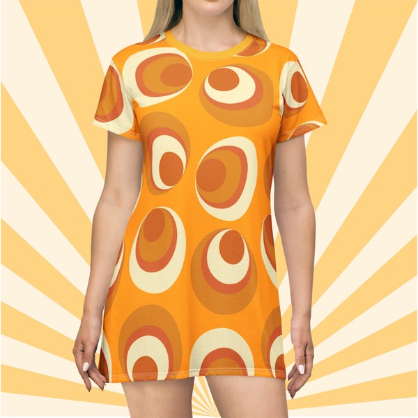 Retro funky T shirt dress gift for her groovy circle print mod mustard color hippie look mini t shirt party dress summer gift idea for her