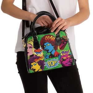 Pop Art shoulder handbag gift for artsy girl pop culture print purse colorful 1960&#39;s pop art funky vibe women&#39;s handbag hipster artist bag