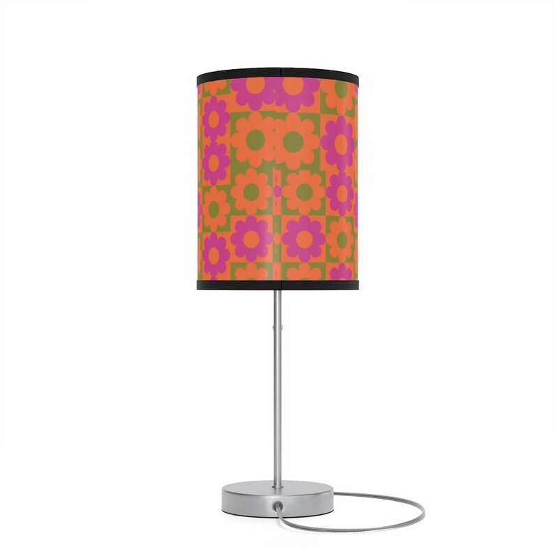 Retro hippie print table lamp 60s groovy flower print pink orange & green nightstand lamp or desk lamp funky hippie flower print lamp gift image 8