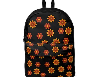 Retro Floral Vegan Leather Backpack | Boho Orange Print Travel Bag | Colorful Sc Floral Vegan Leather Backpack: Boho Travel Bag, Orange  main image 3
