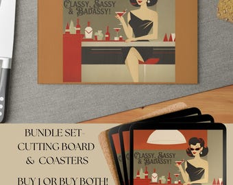 Set de decoración de bar retro: posavasos y tabla de cortar de corcho