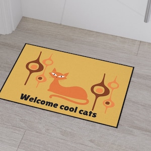 Capacho de gato atômico, presente de cozinha para a mãe, design retrô legal de gato, resistente, antiderrapante, entrada interna, nova ideia de presente de casal, cozinha ou capacho