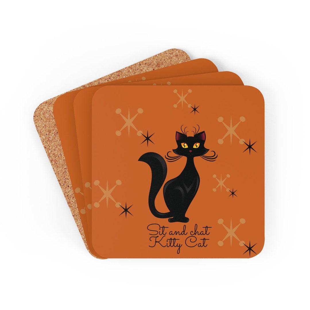 Retro Corkwood Coaster Set With Mid Century Atomic Kitty Design Mod 60s