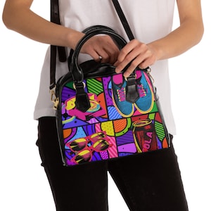 Pop culture shoulder handbag gift for artsy girl pop art print purse colorful 1960&#39;s pop art funky vibe women&#39;s handbag hipster artist bag