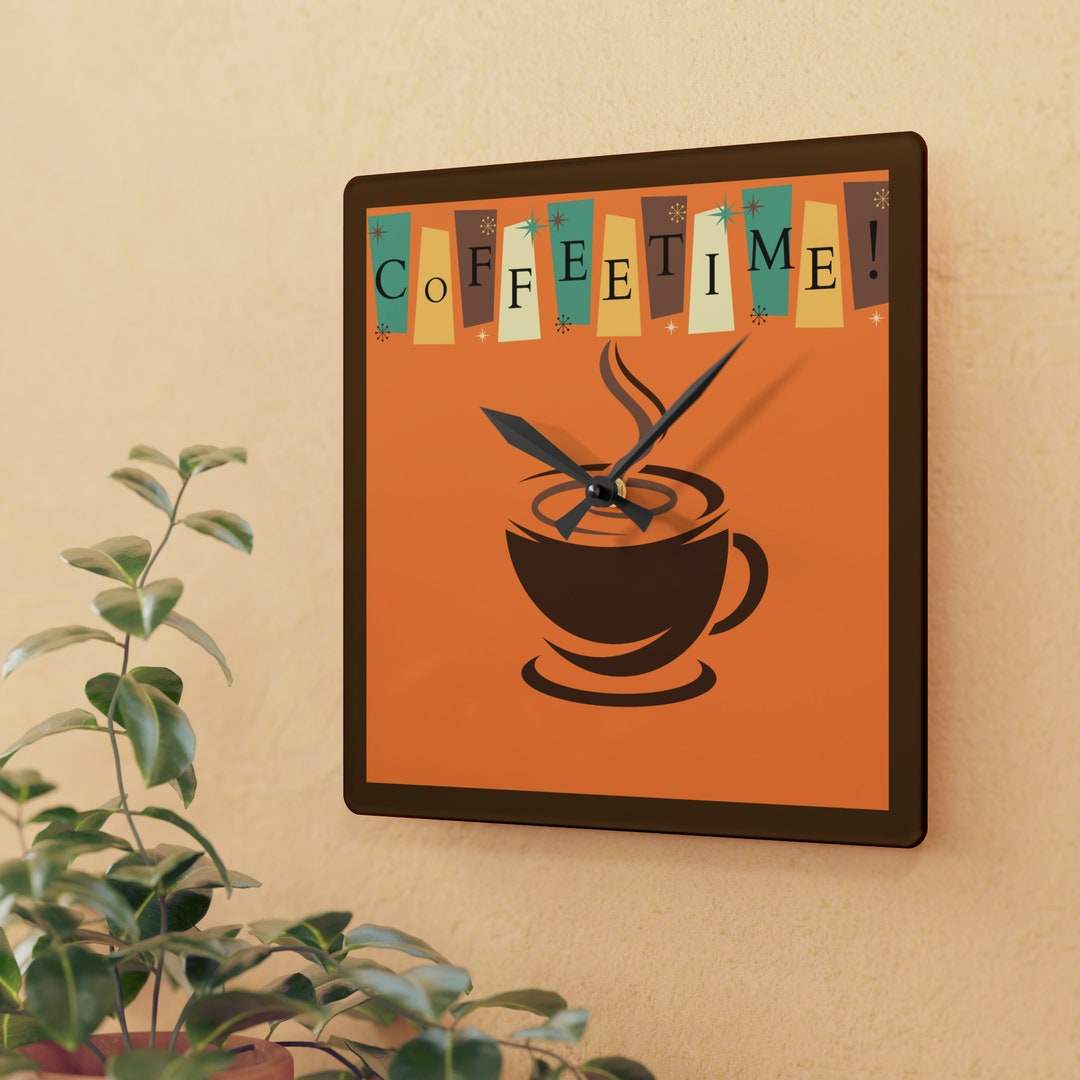 Retro Coffee Themed Wall Clock Square Acrylic Kitchen Wall Clock Coffee