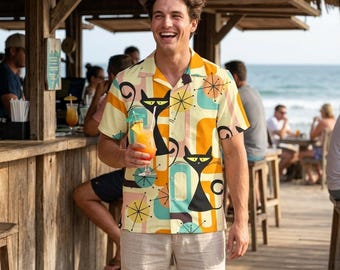 Atomic Cat Hawaiian Shirt: Retro MCM Quirky Beachwear