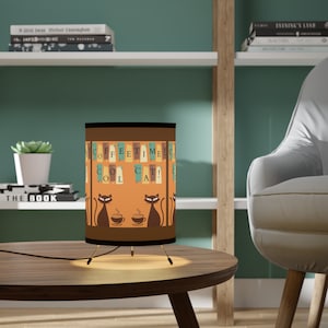 Retro Tripod Lamp with mid century Atomic cat & coffee theme groovy hipster look lamp with orange and brown tones funky table lamp gift idea