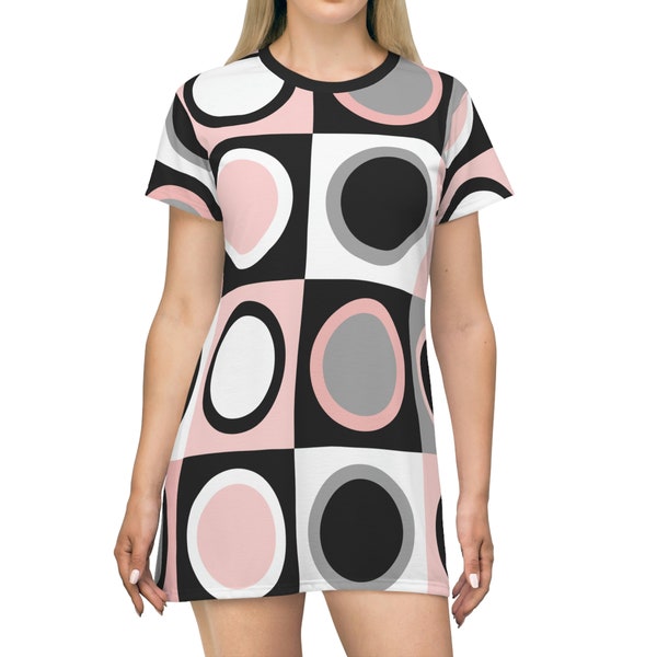 T shirt dress with retro print groovy geometric mini dress mid century mod dress gift for her hippie dress vintage color pattern mini dress