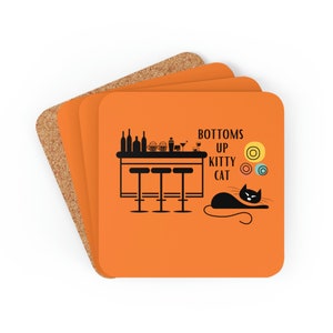 Retro kattenonderzetter met ontwerp uit het midden van de eeuw Corkwood Coaster Set funky jaren 60 atomaire kattenprint bar cart onderzetter housewarming of woondecoratie cadeau