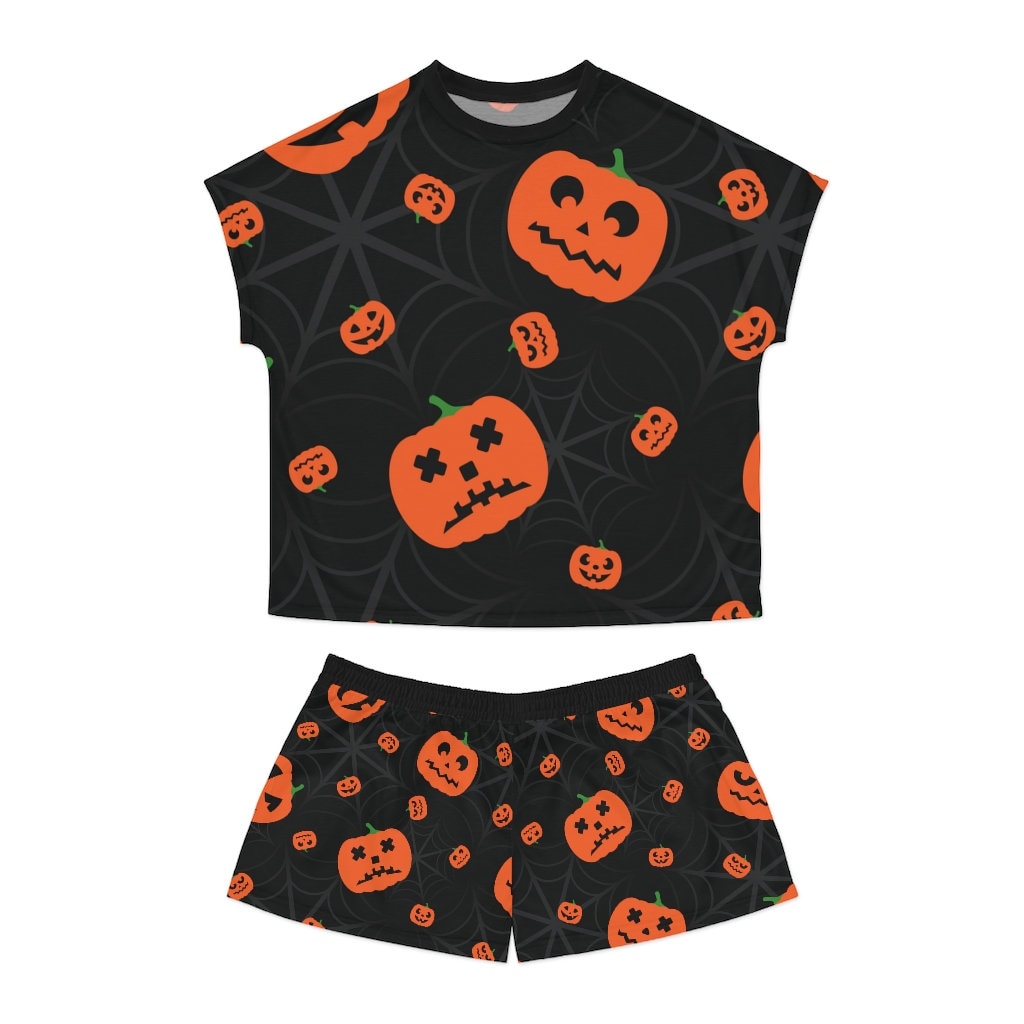 Halloween sleepwear Short Pajama Set cute Halloween pumpkin print PJs black with orange pumpkin design Halloween gift loungewear for women