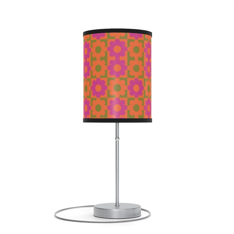 Retro hippie print table lamp 60s groovy flower print pink orange & green nightstand lamp or desk lamp funky hippie flower print lamp gift image 1