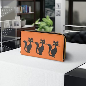 Atomic cat wallet with Zipper gift for her groovy 60&#39;s orange cat print wallet mid century design mod and funky style wallet gift for mom