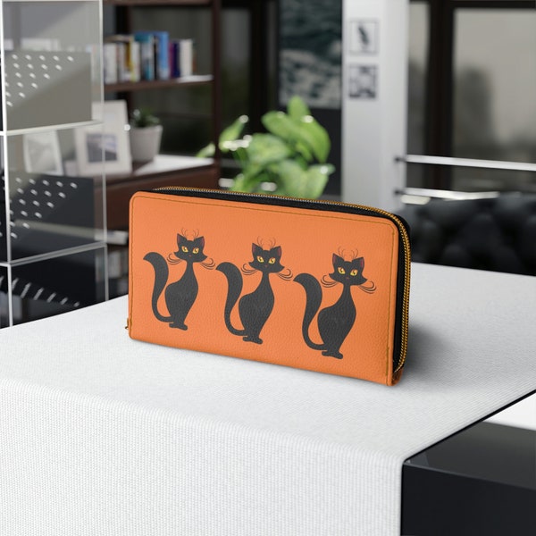 Atomic cat wallet with Zipper gift for her groovy 60's orange cat print wallet mid century design mod and funky style wallet gift for mom