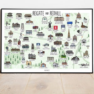 Carte de Reigate et Redhill - carte illustrée - carte de Reigate - carte de Redhill - carte du Surrey - idée cadeau voyage