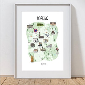 Carte de Dorking - Impression de carte de Dorking - Impression de carte illustrée dessinée à la main personnalisée - carte de Dorking - Surrey Hills - Idées cadeaux de voyage
