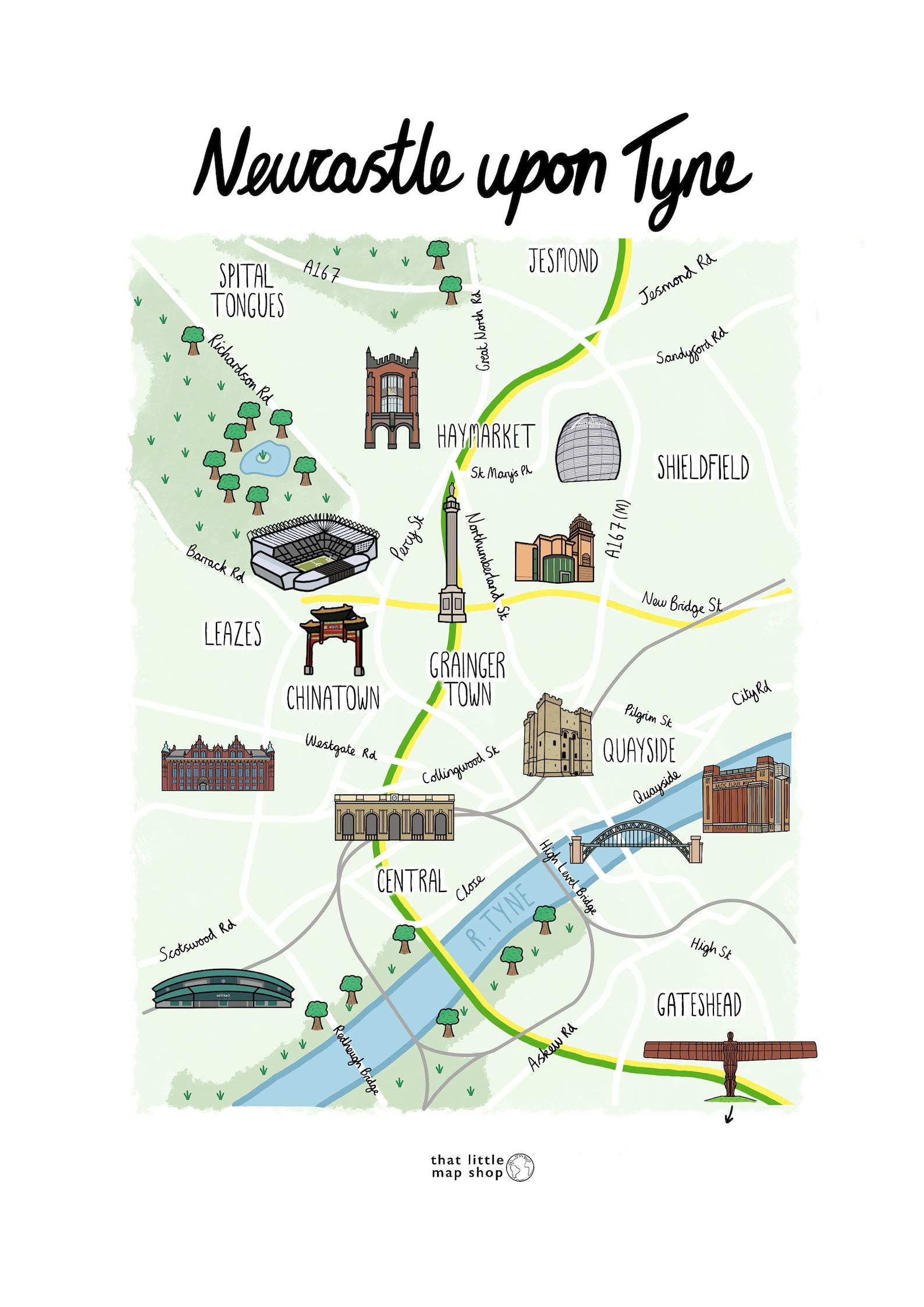 Newcastle upon Tyne map print custom illustrated hand drawn Etsy