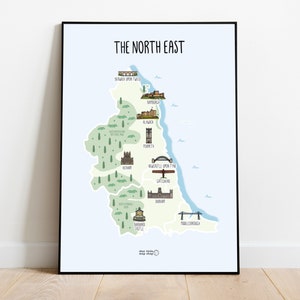Map of the North East Map of North East England illustrated map Northumberland, Tyne & Wear, Cleveland, Northumbria, County Durham image 1