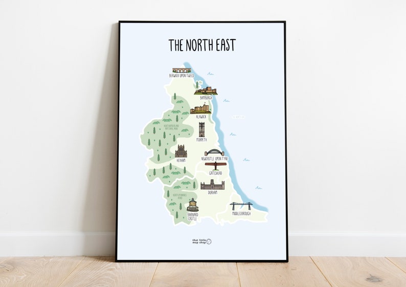 Map of the North East Map of North East England illustrated map Northumberland, Tyne & Wear, Cleveland, Northumbria, County Durham image 1