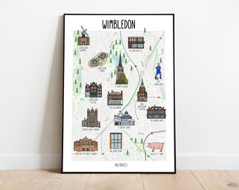 Map of Wimbledon - Wimbledon map illustration - illustrated map of Wimbledon - London map - gift idea - travel