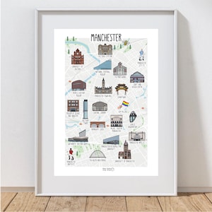 Carte de Manchester - carte illustrée de Manchester - carte de Manchester - illustration de Manchester - art mural - idée cadeau - carte