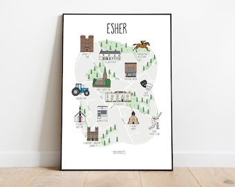 Map of Esher - Esher map illustration- Esher Surrey - Surrey map - gift idea - travel - wall art