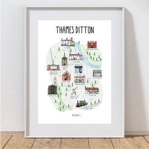 Carte de la Tamise Ditton - Illustration de la carte de la Tamise Ditton - Carte illustrée de la Tamise Ditton - Carte de la Tamise Ditton - Carte du Surrey - Idée cadeau