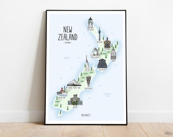 Map of New Zealand - New Zealand map illustration - Hand drawn map of New Zealand - wall art - gift idea - travel gift - world map