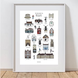 Reigate Illustrated Print: Surrey Art, Local Landmarks, Wall Art Home Decor