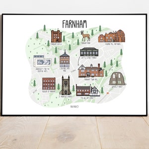 Impression de carte de Farnham - carte de Farnham - carte illustrée de Farnham - carte de Surrey - impression de carte personnalisée - idée cadeau