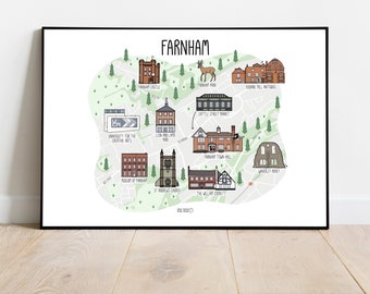 Impression de carte de Farnham : carte illustrée de Surrey, art mural, décoration d'intérieur