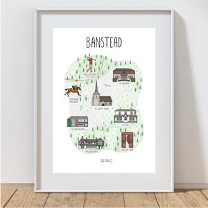 Impression de carte de Banstead - carte de Banstead - carte illustrée de Banstead - carte de Surrey - impression de carte personnalisée - idée cadeau