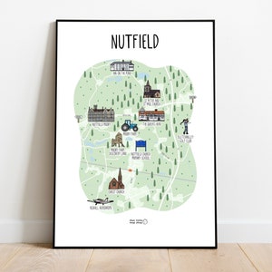 Carte de Nutfield - carte illustrée de Nutfield, Surrey - Reigate Redhill Nutfield Surrey - impression de carte dessinée à la main - idée cadeau - impression de carte