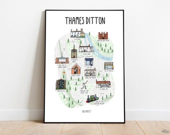 Map of Thames Ditton - Thames Ditton map illustration - illustrated map of Thames Ditton - Thames Ditton map - Surrey map - gift idea