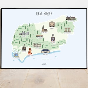 Carte illustrée du West Sussex - illustration de carte dessinée à la main - carte du West Sussex - carte du West Sussex - idée cadeau de voyage