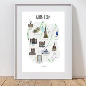 Carte de Wimbledon - illustration de carte de Wimbledon - carte illustrée de Wimbledon - carte de Londres - idée cadeau - voyage