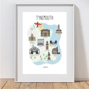 Carte de Tynemouth - carte illustrée de Tynemouth - carte de Tynemouth - illustration de Tynemouth - art mural - idée cadeau - carte