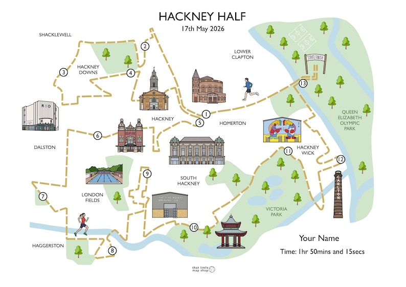 Peut inclure: Une carte du parcours du semi-marathon de Hackney, avec des illustrations de points de rep&egrave;re et l'itin&eacute;raire en pointill&eacute;. La carte indique la date du 17 mai 2026 et le temps du coureur, 1 heure 50 minutes et 15 secondes. La carte est de couleur beige clair.