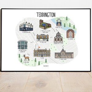 Impression de carte de Teddington - carte de Teddington - carte illustrée de Teddington - plan des rues de Teddington - impression de carte personnalisée - carte de Londres