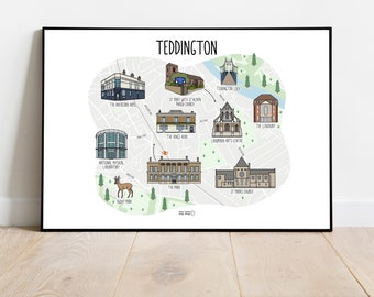 Teddington map print - Teddington map - illustrated map of Teddington - Teddington street map - custom map print - London map
