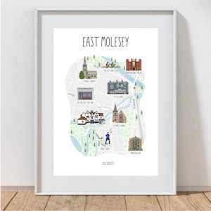 Impression de carte de Molesey orientale - carte de Molesey orientale - carte illustrée de Molesey - carte de Surrey - impression de carte personnalisée - idée cadeau
